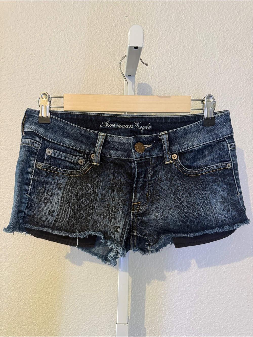 American Eagle Outfitters Dark Blue Printed Denim Low-Rise Cutoff Shorts